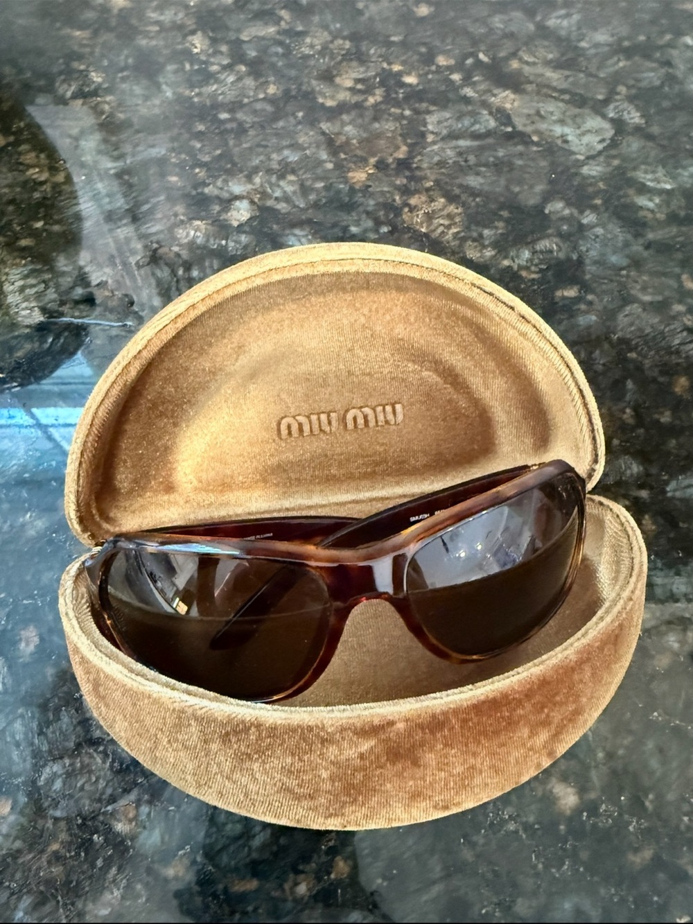 Miu Miu Brown Tortoiseshell Sunglasses with Gold Velvet Case